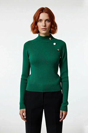 Kadın Dik Yaka Fitted Akrilik Triko Kazak Düğme Detaylı Uzun Kollu Soğuk Havalara Şıklık Katın