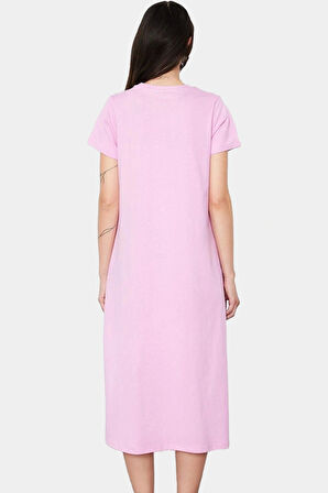 Cep Detaylı Pamuklu Örme Midi Elbise Bisiklet Yaka Rahat Kalıp Özel Tasarım Zarifane