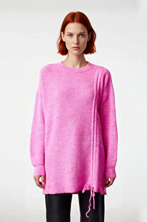 Kadın Uzun Kol Kışlık Ekru Selanik Örgü Triko Kazak Düşük Omuz Asimetrik Büzgü Detayı Kaliteli