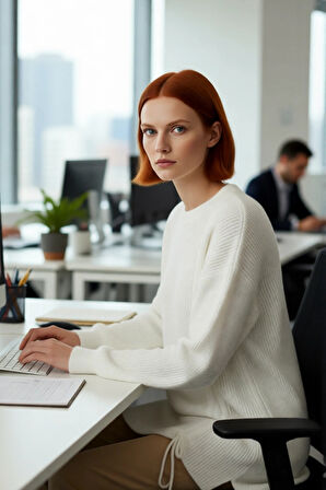 Kadın Uzun Kol Kışlık Ekru Selanik Örgü Triko Kazak Düşük Omuz Asimetrik Büzgü Detayı Kaliteli