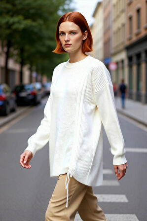 Kadın Uzun Kol Kışlık Ekru Selanik Örgü Triko Kazak Düşük Omuz Asimetrik Büzgü Detayı Kaliteli