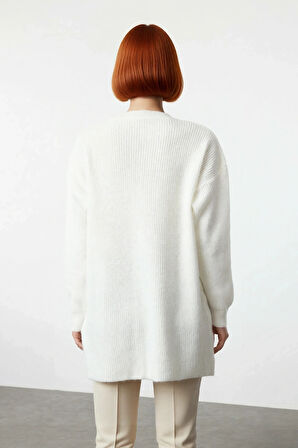 Kadın Uzun Kol Kışlık Ekru Selanik Örgü Triko Kazak Düşük Omuz Asimetrik Büzgü Detayı Kaliteli