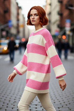 Soğuk Havalar İçin Kadın Relaxed Kesim Düşük Kol Çizgili Selanik Örgü Bisiklet Yaka Kazak Kaliteli