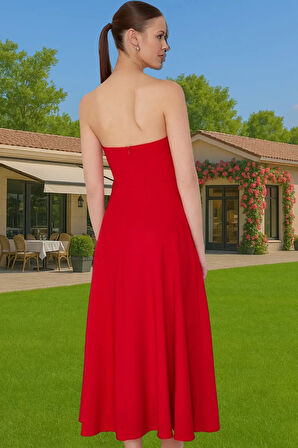 Midi Boy A Kesim Straplez Abiye Elbise Polyester Elastan Dokuma Kumaş Modern Stil Zarifane Tasarım