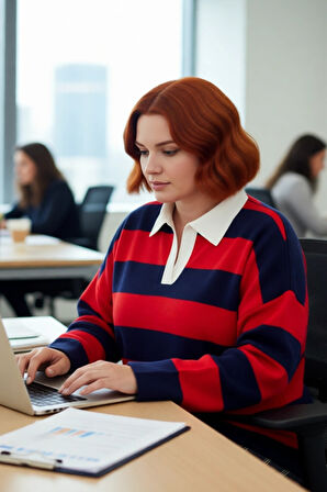 Kadın Konforlu Rahat Kesim Polo Yaka Çizgili Uzun Kollu Triko Kazak Orta Kalınlık Günlük Şıklık