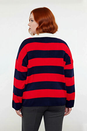 Kadın Konforlu Rahat Kesim Polo Yaka Çizgili Uzun Kollu Triko Kazak Orta Kalınlık Günlük Şıklık