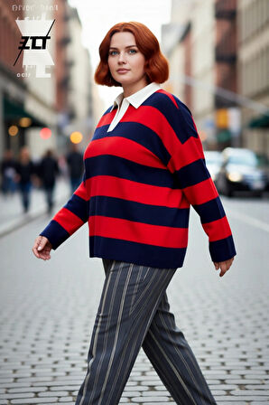 Kadın Konforlu Rahat Kesim Polo Yaka Çizgili Uzun Kollu Triko Kazak Orta Kalınlık Günlük Şıklık