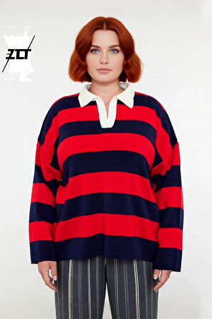 Kadın Konforlu Rahat Kesim Polo Yaka Çizgili Uzun Kollu Triko Kazak Orta Kalınlık Günlük Şıklık