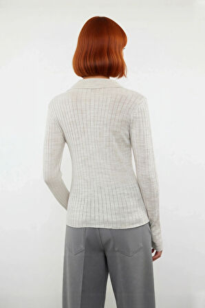 Kadınlar İçin Uzun Kollu Regular Fitilli Triko Kazak Polo Yaka Detaylı Kışlık Şık Görünüm Kaliteli