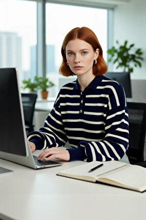 Kadın Çizgili Polo Yaka Düşük Kol Relaxed Fit Kışlık Triko Kazak Günlük Şıklık Sunar Kaliteli