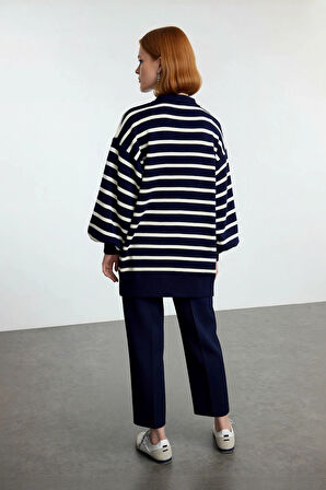 Kadın Çizgili Polo Yaka Düşük Kol Relaxed Fit Kışlık Triko Kazak Günlük Şıklık Sunar Kaliteli