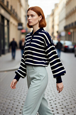 Kadın Çizgili Polo Yaka Düşük Kol Relaxed Fit Kışlık Triko Kazak Günlük Şıklık Sunar Kaliteli