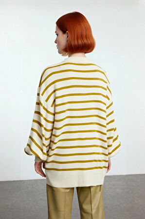 Kadın Çizgili Polo Yaka Düşük Kol Relaxed Fit Kışlık Triko Kazak Günlük Şıklık Sunar Kaliteli