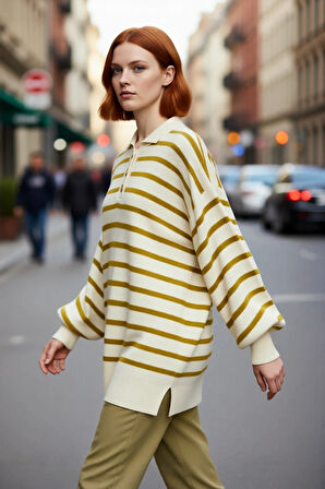 Kadın Çizgili Polo Yaka Düşük Kol Relaxed Fit Kışlık Triko Kazak Günlük Şıklık Sunar Kaliteli