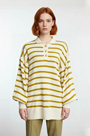 Kadın Çizgili Polo Yaka Düşük Kol Relaxed Fit Kışlık Triko Kazak Günlük Şıklık Sunar Kaliteli