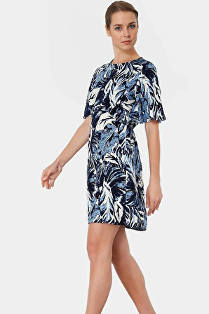 Yazlık Mini Elbise Tropikal Desenli Viskoz A Kesim Yüksek Kalite Seçkin Malzeme