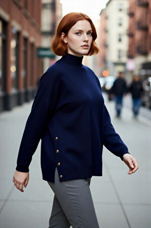 Kadın Basic Relaxed Kalıp Triko Kazak Balıkçı Yaka Düğme Detaylı Uzun Boy Konforlu Kış Kombinleri