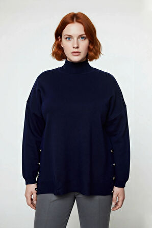 Kadın Basic Relaxed Kalıp Triko Kazak Balıkçı Yaka Düğme Detaylı Uzun Boy Konforlu Kış Kombinleri