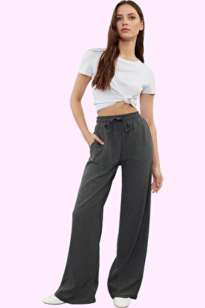 Kadın Düz Desen Normal Bel Geniş Paça Örme Pantolon Casual Günlük Yaz Aylarının Vazgeçilmezi