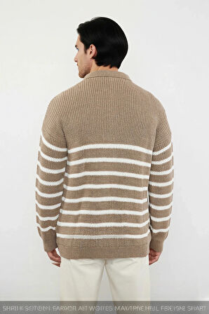 Erkek Polo Yaka Oversize Kalıp Triko Çizgili Kazak Lacivert Renk Kalın Selanik Dokuma Kışlık Giysi