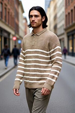 Erkek Polo Yaka Oversize Kalıp Triko Çizgili Kazak Lacivert Renk Kalın Selanik Dokuma Kışlık Giysi