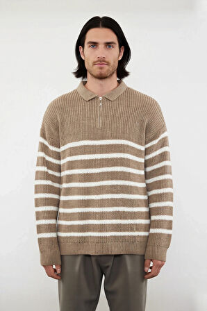 Erkek Polo Yaka Oversize Kalıp Triko Çizgili Kazak Lacivert Renk Kalın Selanik Dokuma Kışlık Giysi