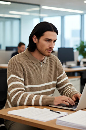 Erkek Polo Yaka Oversize Kalıp Triko Çizgili Kazak Lacivert Renk Kalın Selanik Dokuma Kışlık Giysi