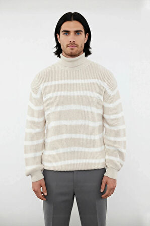 Unisex Uzun Kollu Oversize Balıkçı Yaka Triko Selanik Dokuma Çizgili Kazak Casual Kombinler İçin