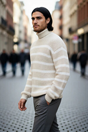 Unisex Uzun Kollu Oversize Balıkçı Yaka Triko Selanik Dokuma Çizgili Kazak Casual Kombinler İçin