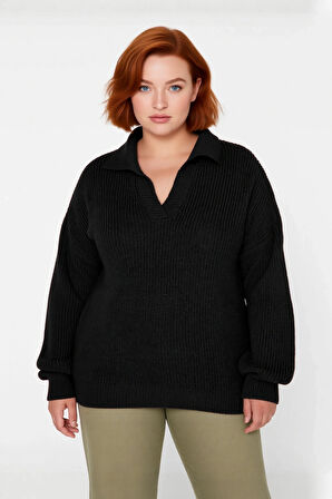 Kadın Basic Selanik Örgü Polo Yaka Relaxed Kalıp Akrilik Triko Kazak Soğuk Günlerin Vazgeçilmezi