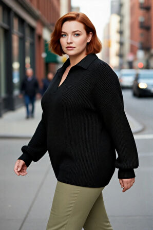 Kadın Basic Selanik Örgü Polo Yaka Relaxed Kalıp Akrilik Triko Kazak Soğuk Günlerin Vazgeçilmezi