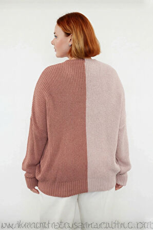 Kadın Rahat Kesim Akrilik Triko Kazak Renk Bloklu V Yaka Uzun Kollu Selanik Örgü Kış Stili