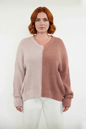 Kadın Rahat Kesim Akrilik Triko Kazak Renk Bloklu V Yaka Uzun Kollu Selanik Örgü Kış Stili