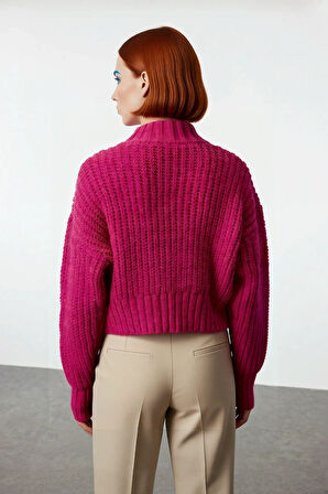 Kadın Modern Oversize Crop Dik Yaka Düşük Kol Kalın Triko Soğuk Hava Kazak Modeli Kaliteli