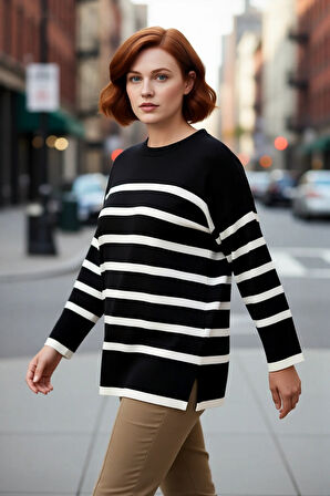 Kadın Casual Ortamlar İçin İdeal Uzun Kollu Orta Kalınlıkta Çizgili Bisiklet Yaka Triko Kazak
