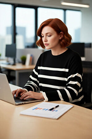 Kadın Casual Ortamlar İçin İdeal Uzun Kollu Orta Kalınlıkta Çizgili Bisiklet Yaka Triko Kazak