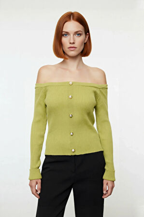 Kadınlar İçin Fitted Kesim Akrilik Uzun Kollu Fitilli Triko Carmen Yaka Hırka Bluz Kaliteli