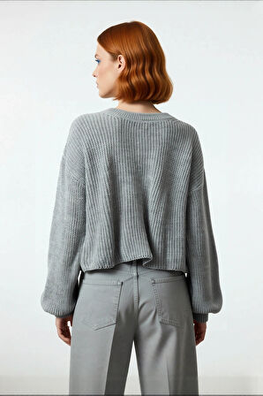 Kadın Triko Çift Taraflı Kurdeleli Crop Kesim Regular Kalıp Düşük Kol Selanik Örgü Akrilik Kazak