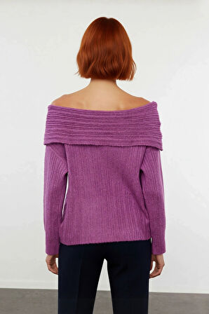 Kadın Uzun Kollu Fitilli Triko Kazak Carmen Yaka Regular Kalıp Şık Gündüz Gece Kombinleri Kaliteli