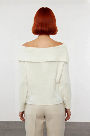 Kadın Uzun Kollu Fitilli Triko Kazak Carmen Yaka Regular Kalıp Şık Gündüz Gece Kombinleri Kaliteli