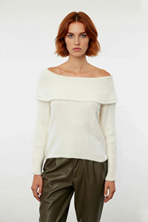 Kadın Uzun Kollu Fitilli Triko Kazak Carmen Yaka Regular Kalıp Şık Gündüz Gece Kombinleri Kaliteli