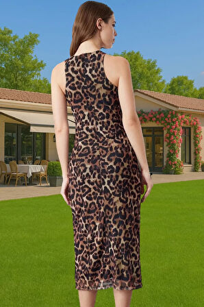 Bodycon Leopar Desenli Örme Midi Abiye Elbise Premium Kalite Yüksek Kalite Özel Tasarım Uzun Ömürlü