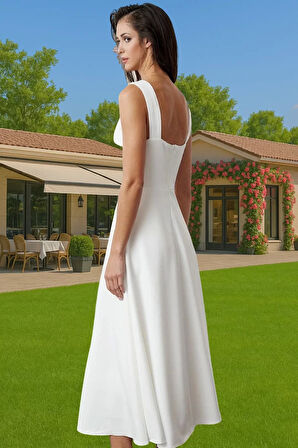 Kadın Kare Yaka A Kesim Midi Abiye Elbise Polyester Elastan Yazlık Mükemmel Uyum Zarifane Tasarım