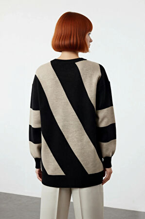 Kadın Basic Bisiklet Yaka Renk Bloklu Düşük Kollu Akrilik Triko Kazak Kış Günleri İçin İdeal