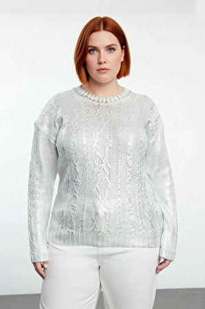 Kadın Bisiklet Yaka Regular Kalıp Varaklı Saç Örgü Triko Kazak Kış Günleri İçin Konforlu Zarafet