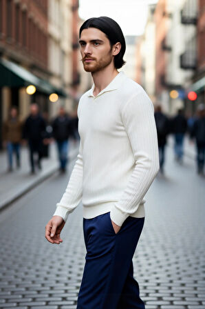 Erkek Düz Desen Fitted Polo Yaka Akrilik Triko Kazak Günlük Kullanım İçin Rahat ve Modern Kaliteli