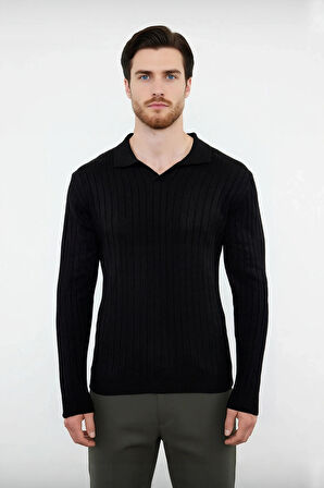 Erkek Düz Desen Fitted Polo Yaka Akrilik Triko Kazak Günlük Kullanım İçin Rahat ve Modern Kaliteli