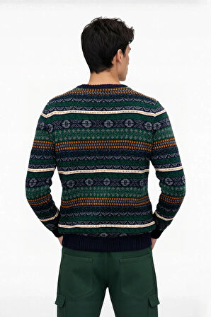 Erkek Standart Kol Bisiklet Yaka Etnik Desenli Fitted Kesim Kalın Triko Kazak Gündelik Kombinlere