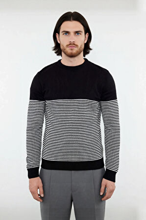 Erkek Uzun Kol Bisiklet Yaka Çizgili Triko Kazak Soğuk Havalarda Şıklık ve Konfor Sunar Kaliteli