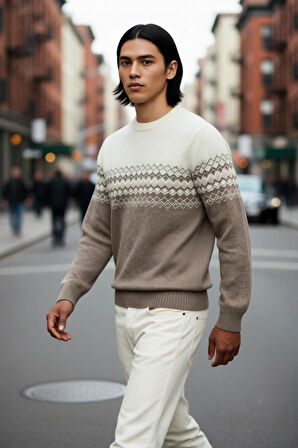 Erkek Fitted Bisiklet Yaka Etnik Desenli Triko Kazak Soğuk Havalar İçin Şık ve Konforlu Bir Tercih